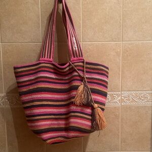 Striped Multicolor Woven  Tote Bag
